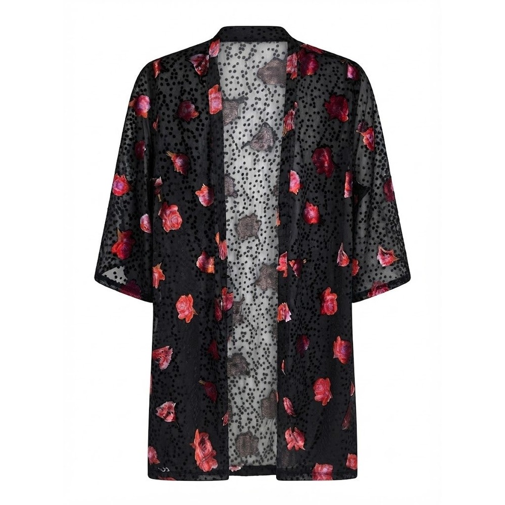 Saachi Black Floral Velvet Flocked Duster Kimono Cardigan Semi Sheer Large - CJ